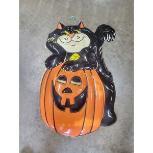 Vintage 1996 Spooky Hollow Halloween Black Cat Pumpkin Plastic Wall Decor 24"
